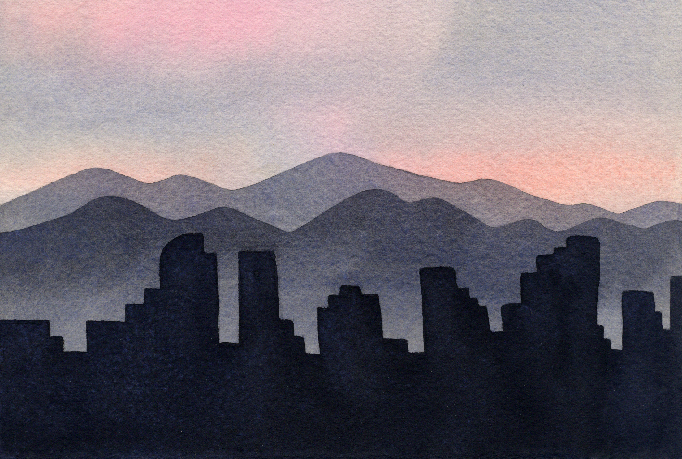 Watercolor illustration of the Denver skyline with mountains at sunset